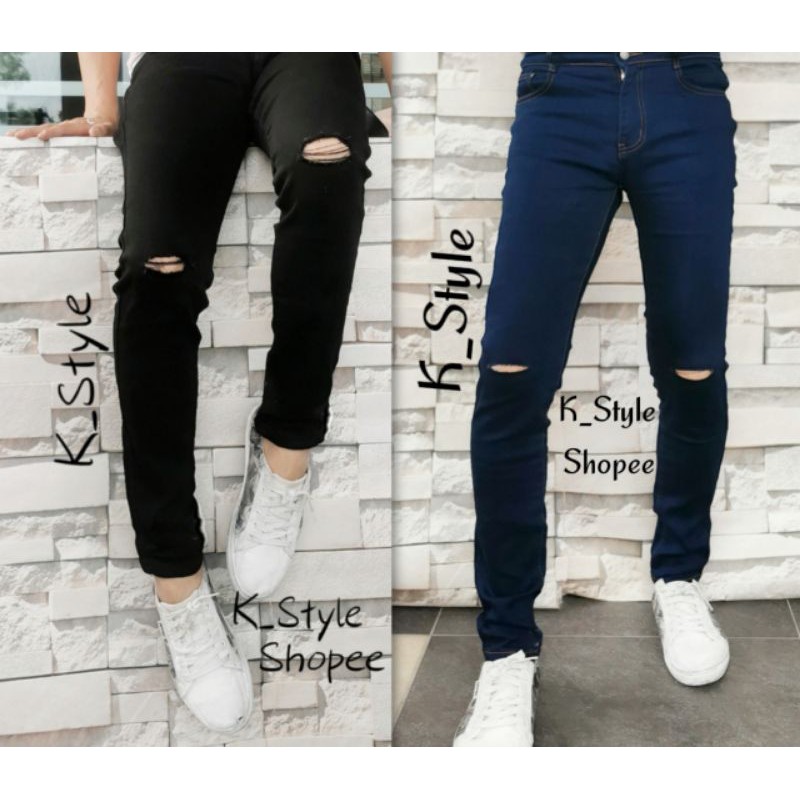 Plus Size Saiz 26~44 Seluar Jeans Skinny Koyak Lutut Kain Denim Bergetah Mens Stretchable