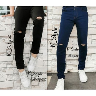 Plus Size (saiz 26~44) Seluar Jeans Skinny koyak lutut kain denim bergetah / Men's Stretchable Skinny Knee Ripped Jeans