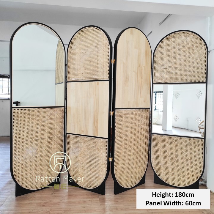 Super Big Rattan + Wood Divider with Mirror / Handmade / Screener