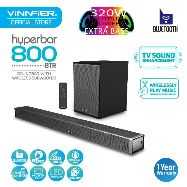 Vinnfier Hyperbar 800 Btr Bluetooth Sound Bar With Wireless Subwoofer With Aux Hdmi Optical Input Shopee Malaysia