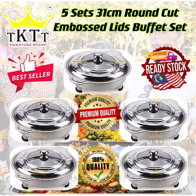 TKTT ™️ 5 Set 31cm Embossed Glass Stainless Steel Buffet Set Catering Serving Tray Food Pan Bekas Katering Serbaguna