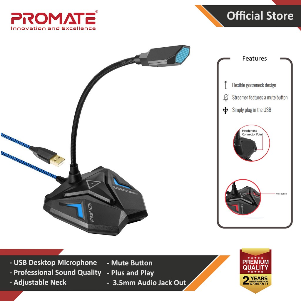 Promate USB Gaming Microphone High Definition Omnidirectional Gooseneck