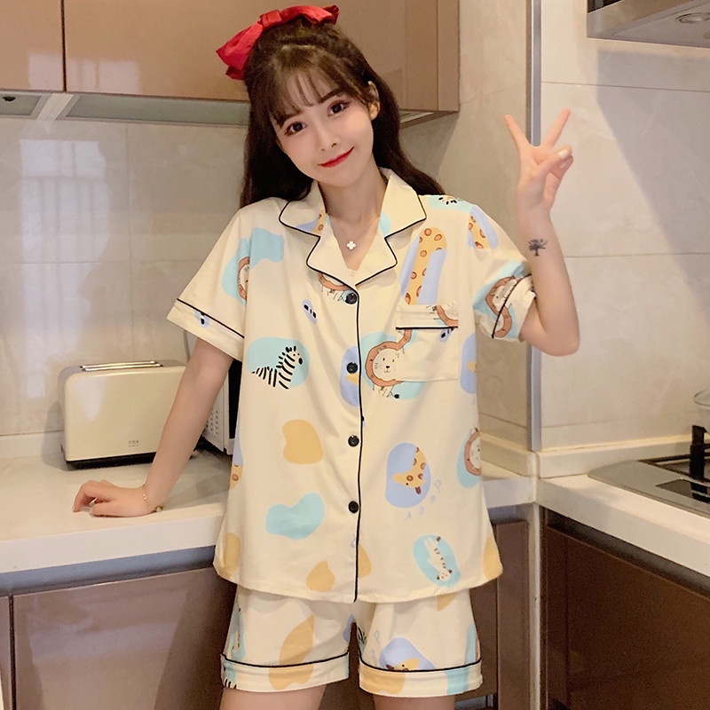 2022 New style pajamas women summer cute short-sleeved shorts cardigan sweet and thin home service suit