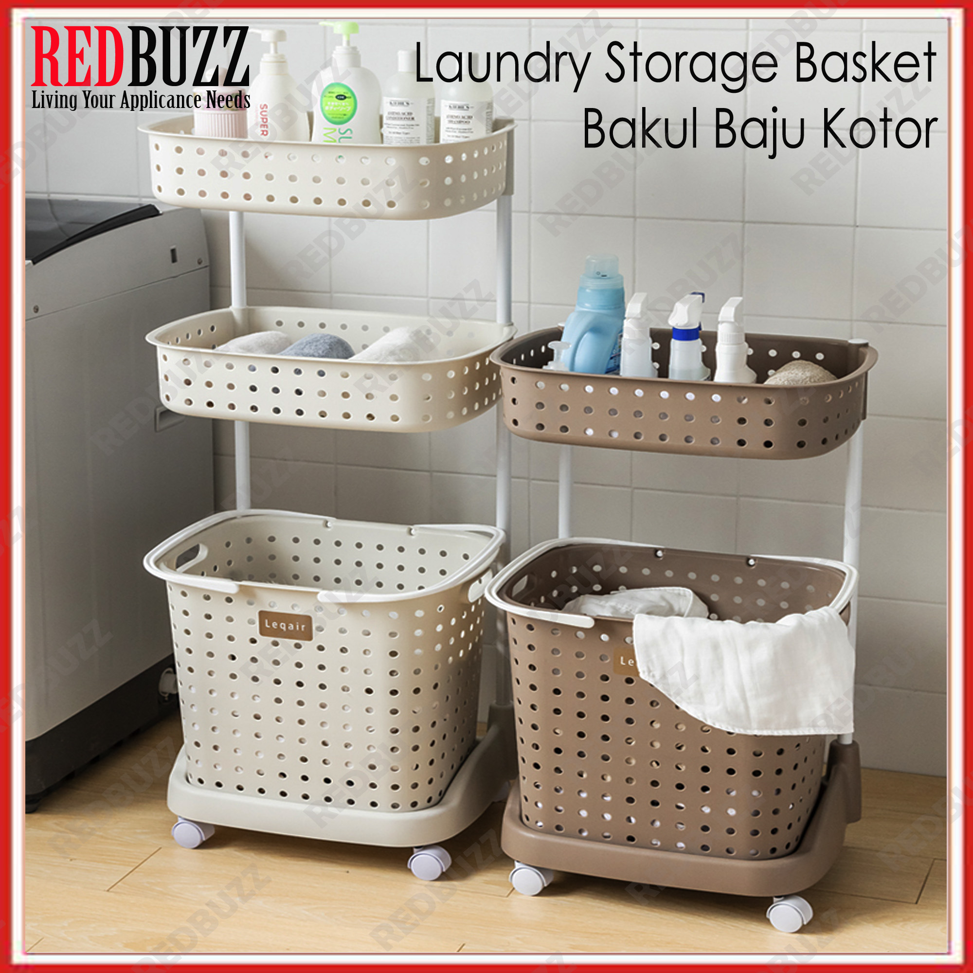 Redbuzz Household 3 Tier Laundry Storage Basket With Wheels Dirty Cloth Trolley Basket Bakul Kotor Baju Shopee Malaysia