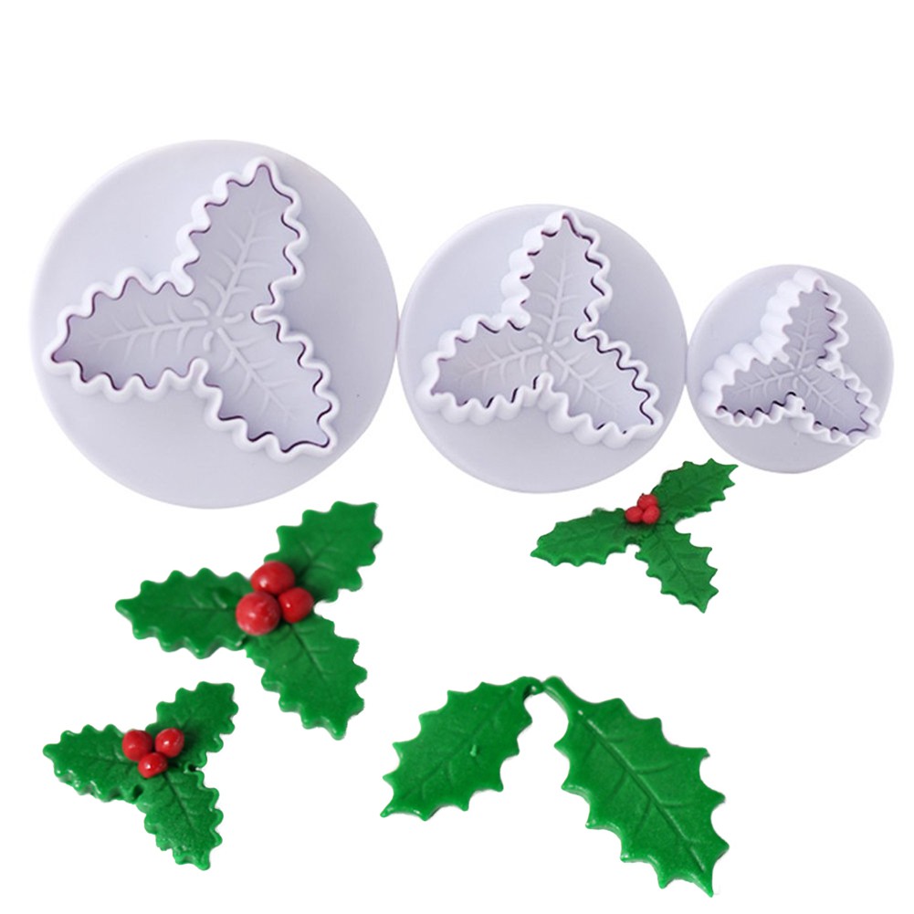 3PCS DIY Holly Leaf Plunger Cutters Fondant Cookies Mold Sugarcraft Cake Decor