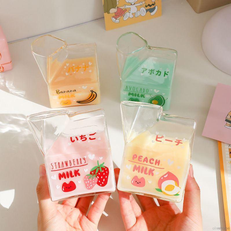 380ml Kawaii Square Milk Carton Glass Cup Cute Strawberry Creative