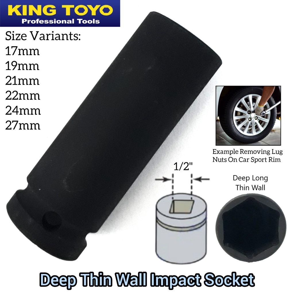 King Toyo 1/2Inch Super Thin Wall Long Deep Impact Box Socket For