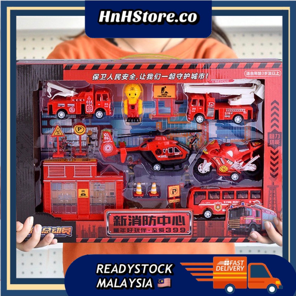 Car Toys Pull Back Vehicle Set Construction Truck Police Fire Truck Helicopter Aeroplane Boy Gift Hadiah Budak