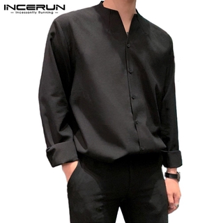 INCERUN Men's Casual Long Sleeve V Neck Buttons Up Loose Style Fashion Shirts