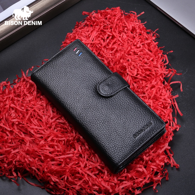 BISON DENIM Luxury Brand Men Long Wallet Card Holder Cowskin Men's Purse Zipper Pocket Quality Male Clutch Genuine Leather