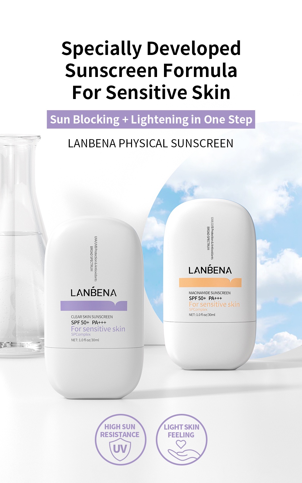 LANBENA Sunscreen SPF 50+ PA+++ High Sun Resistance Light Skin Feeling