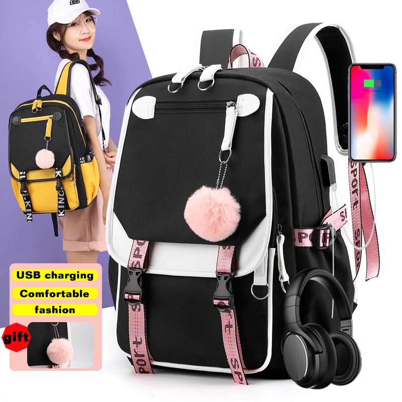 Large School Bags for teenage girls USB port canvas schoolbag student