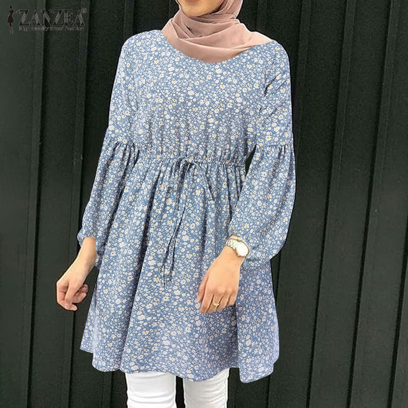ZANZEA Women Muslim Elegant Casual Long Sleeve O Neck Lace Up Floral Printed Blouse #5