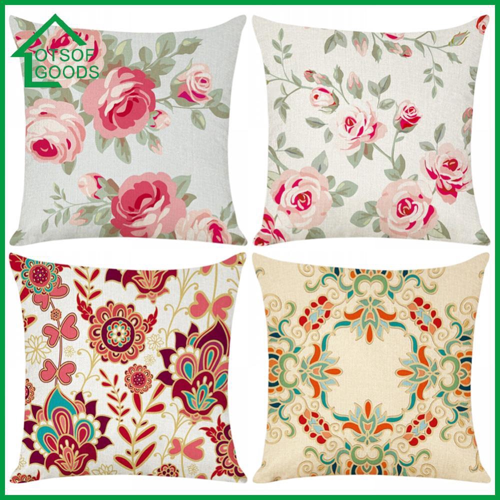 Flax Pillow Case Cushion Cover Floral Print Sofa Pillowcase Home