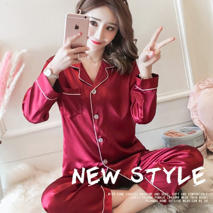 shopee: ICHIKA-(PART 1) PANDORA Silk Satin Pajamas Set Unisex Long Sleeve Women Sleepwear Nightwear Baju Tidur wanita perempuan (0:6:Colour:RED;1:3:SIZE:2XL)