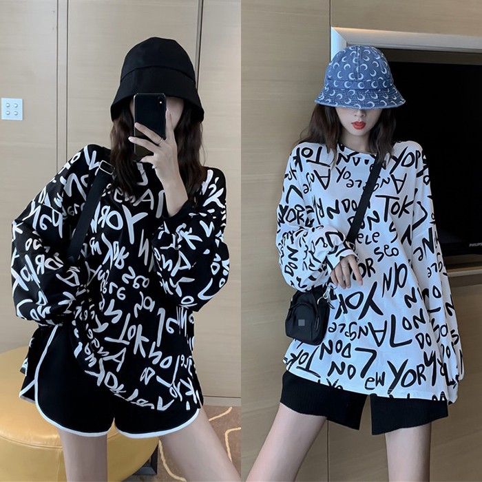 ⚡9.9⚡Crazy Flash Sale Lady Long-sleeved Oversize Loose T-shirt Women Printed Letters Hip Hop Clothing New Fashion Korean Comfortable Tee