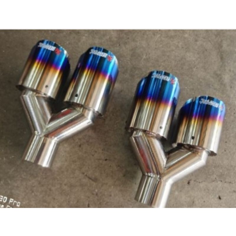 ZYTZK Car exhaust pipe 1PCS Y Model Glossy Carbon Equal Length Blue Stainless Steel Universal Car Dual Tail Tip Exhaust blue End Pipe-70MM_IN_89MM_OUT 