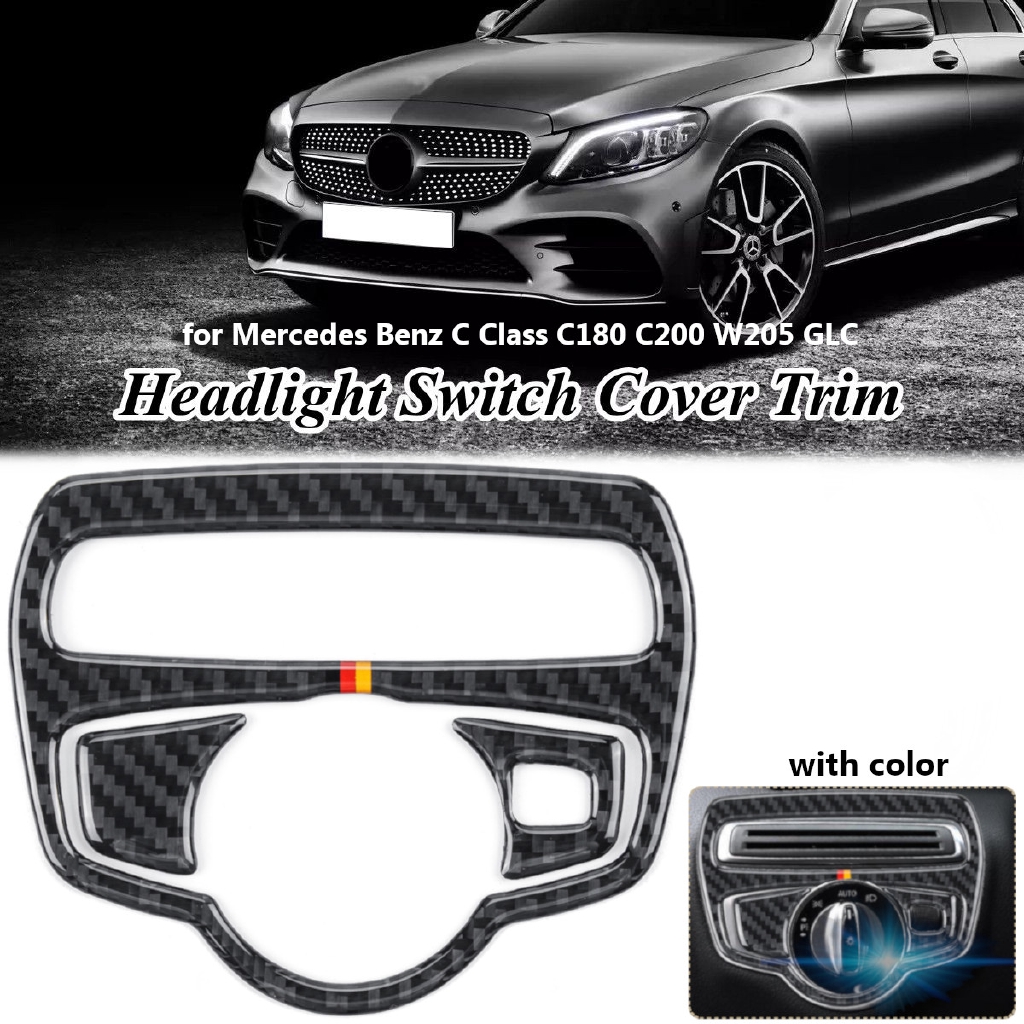 Black Carbon Fiber Headlight Switch Button Trim For Mercedes C Class W205 GLC