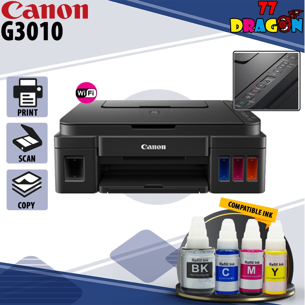 Canon Pixma G3010 Refillable Tank Wireless All In One Printer With 1 Set Of Compatible Ink 8718