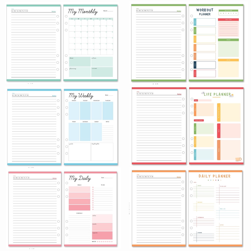 A5 Refill Paper 45 Sheets Week Study Month Daily Planner Refill Paper 6 Holes Loose Leaf Diary Notebook Journal Insert