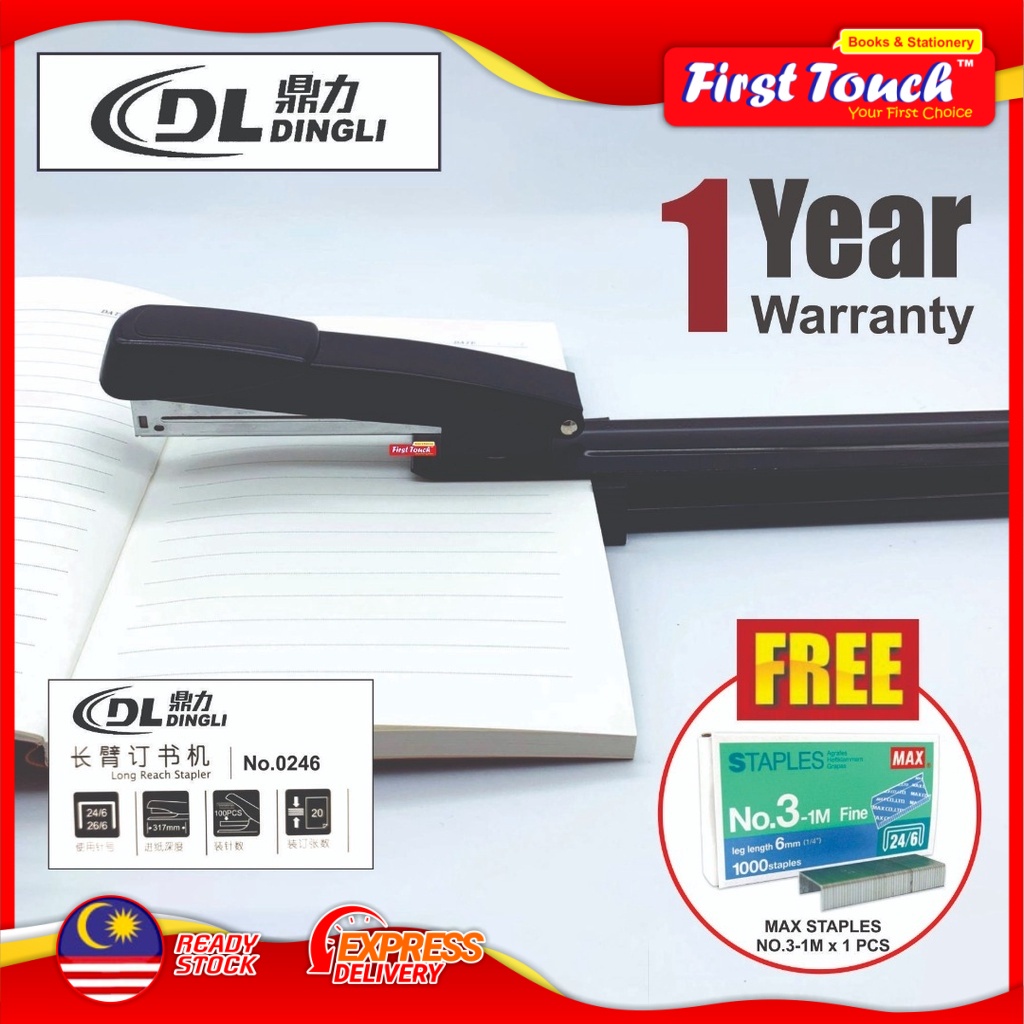 DINGLI 0246 Long Arm Book Repairing Stapler Desktop Stapler 24/6 or 26/6 Max Staples No.3-1M Reach Stapler
