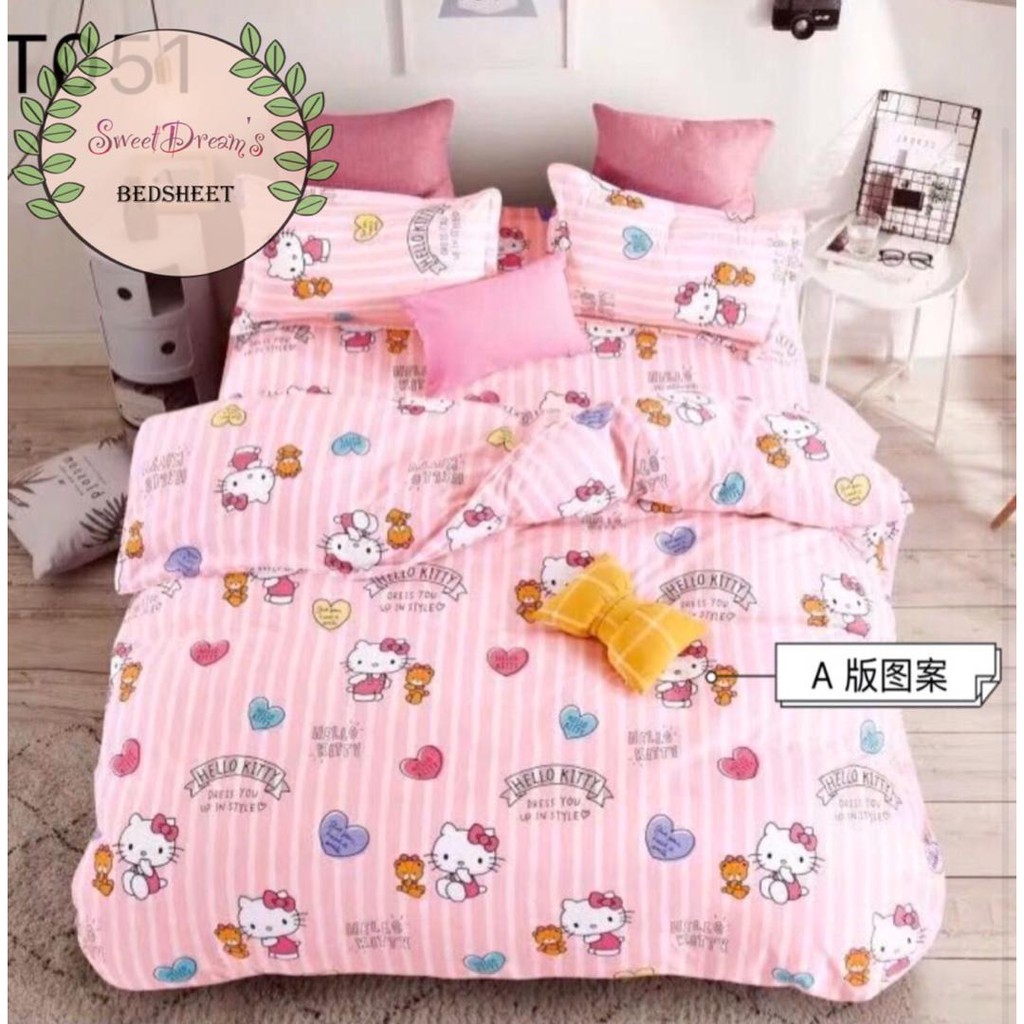 Cute Pink Small Hello Kitty Cat Bedsheet 5in1 With Comforter Set For King Queen