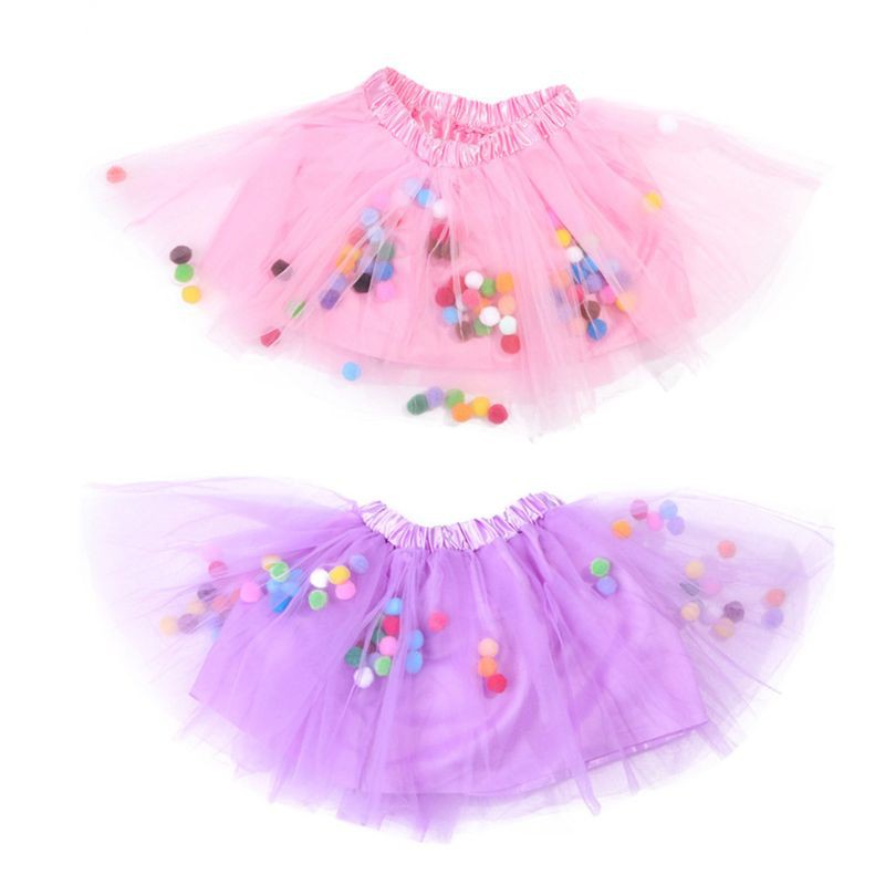 Details about   Kids Girls Ballet Layered Fluffy Tulle Tutu Skirt with Rainbow Pom Pom Puff Ball