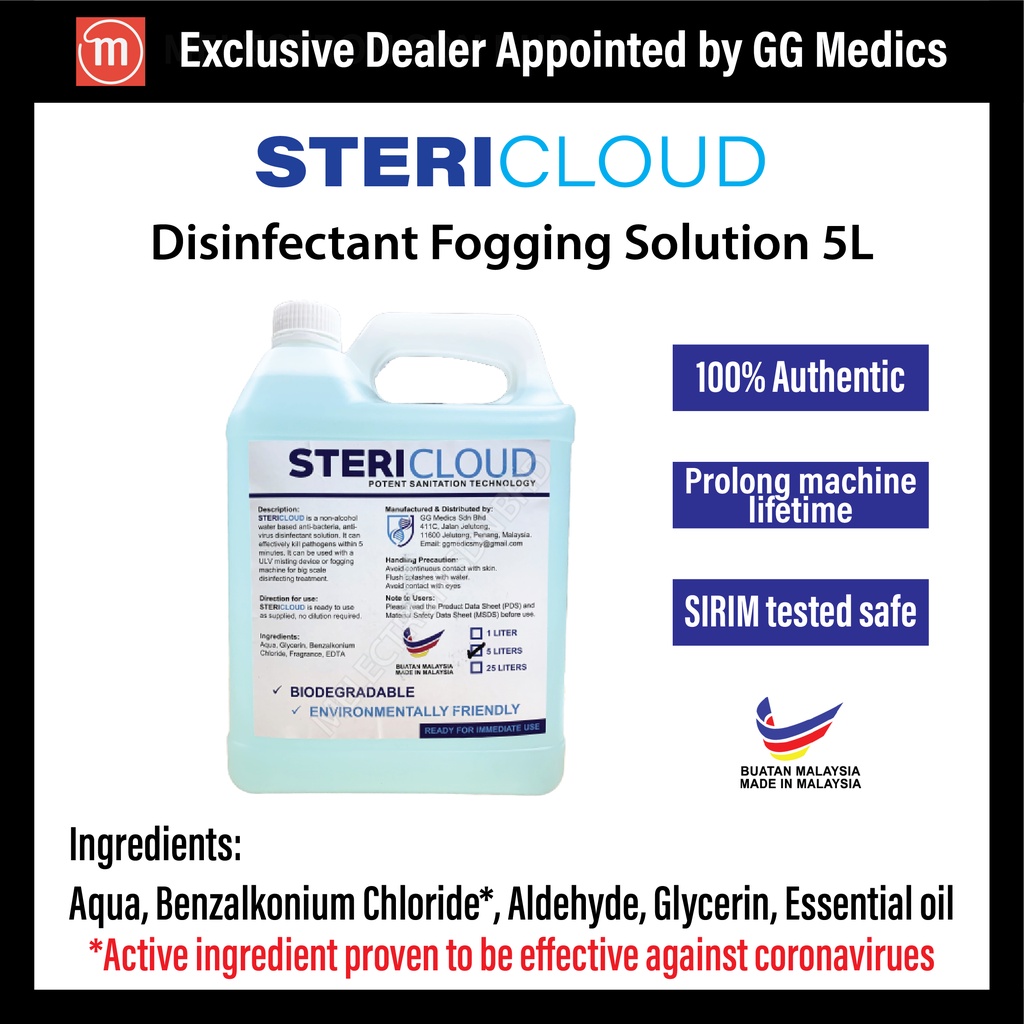 SIRIM Approved Stericloud Anti Bacterial Fogging Solution 5 Litre (For