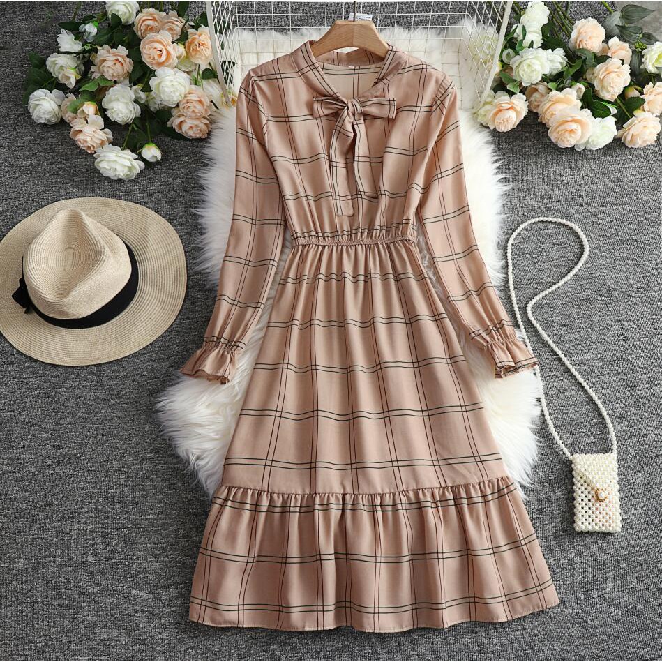 Retro plaid bow tie high waist long sleeve dress