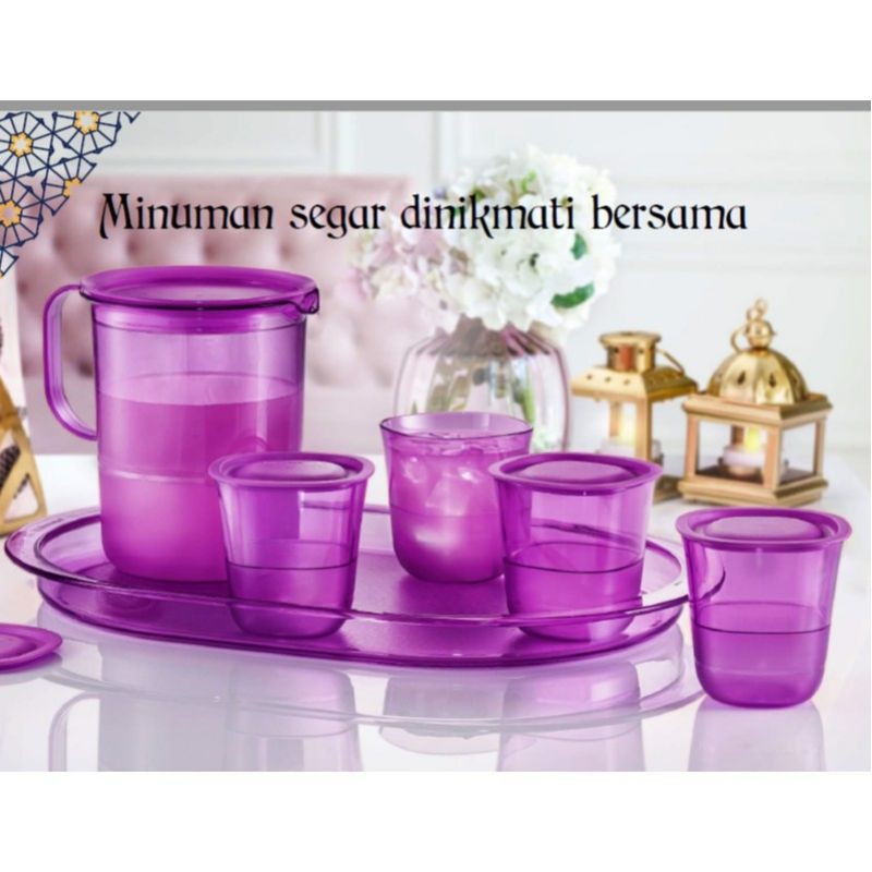 tupperware Purple Royal Crystalline Drinking Set~ Pitcher 1.2L (1)Short Glass(4) 230mlServing tray(1)