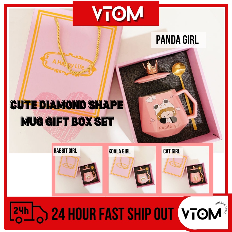 VTOM Rabbit Cat Panda Koala Girl Cute Diamond Shape Mug Gift Box Set Christmas Wedding Birthday Gift For Friend Mother