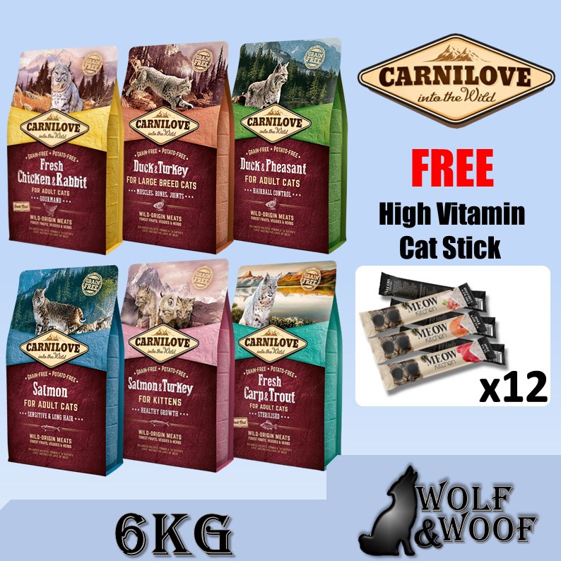 [FREE x12 Cat Stick] Carnilove Cat Food 6kg (Salmon & Turkey, Duck