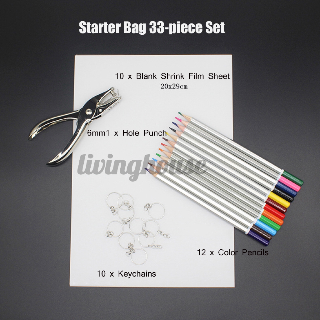 Heat Shrink Plastic Sheet Kit 20Pcs Heat Shrinky Sheets with 12 Colored Pencils Hole Puncher Keychains Small Key Rings for Kids DIY Crafts 20145-1# 