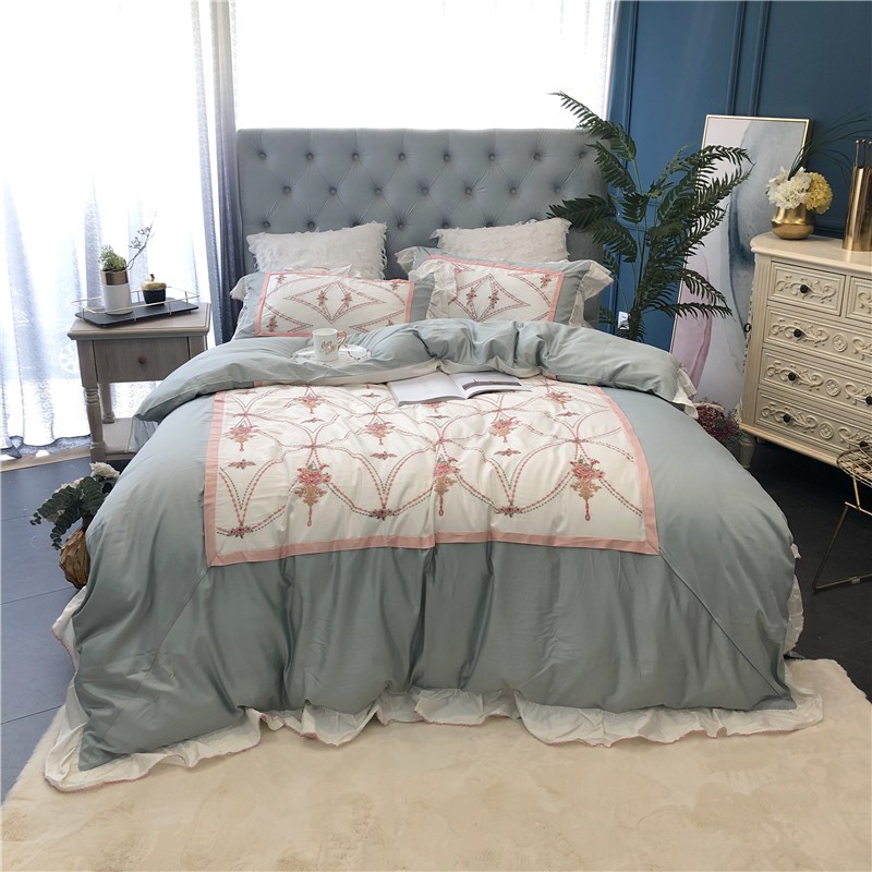 4pcs Chic Ruffle Embroidery Patchwork Duvet Cover Set Egyptian