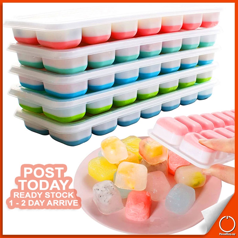 𝐎𝐃𝐎𝐑 𝐅𝐑𝐄𝐄 Ice Cube Tray Maker With Cover Food Grade Silicone DIY Baby Food Jelly Mold Kitchen Tools Bekas Air Batu 硅胶冰格