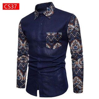 Men Casual Printing Shirts Long Sleeve Slim Fit Linen 