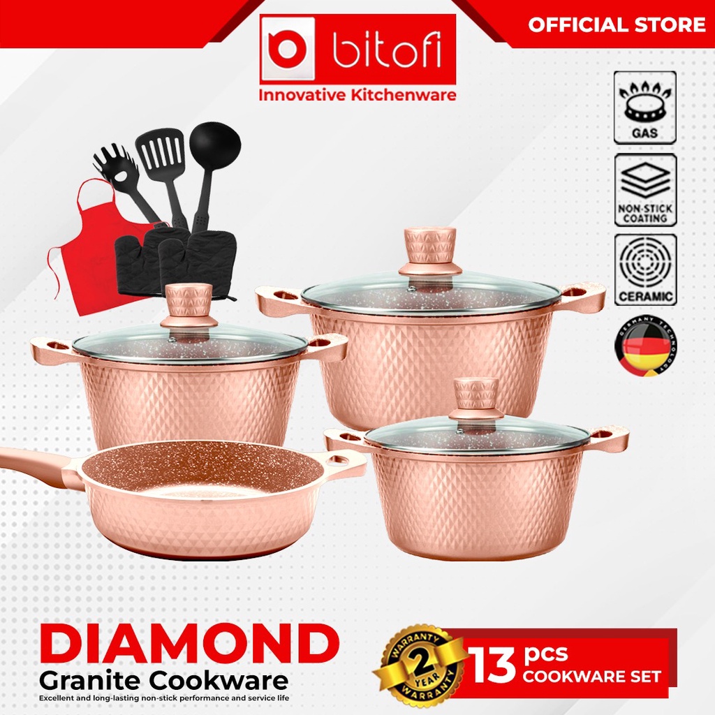 BITOFI GERMANY Diamond 13 Pcs Cookware Set NonStick Granite Cooking