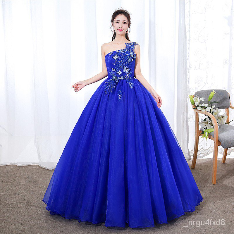 【Malay Spot】S~3XL Single Off Shoulder Royal Blue Fairy Cinderella Pre Wedding Bridal Party Dinner Puffy Maxi Dress Gown