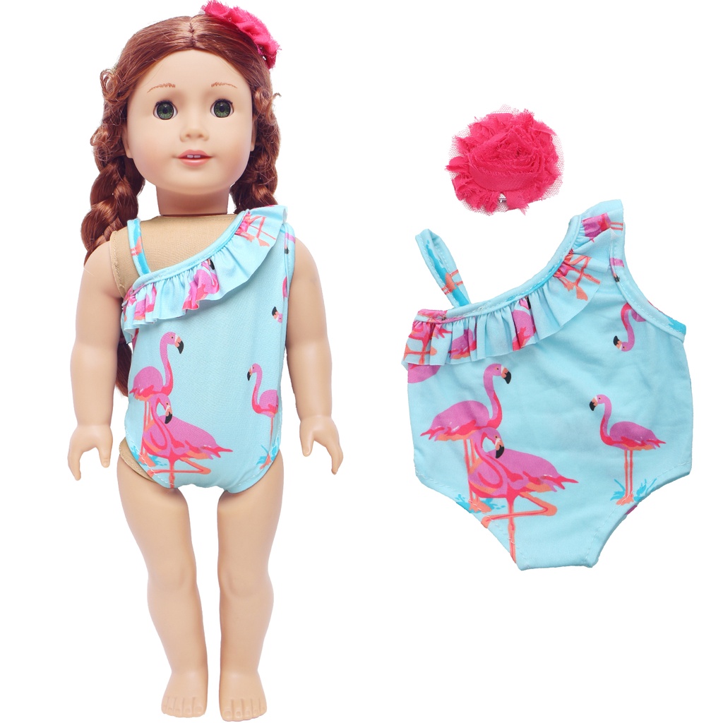 18 Inch Doll Swimwear Cute One Shoulder Outfit Blue Swimsuit Hairpin Accessories Clothes for Dolls Girl Toy