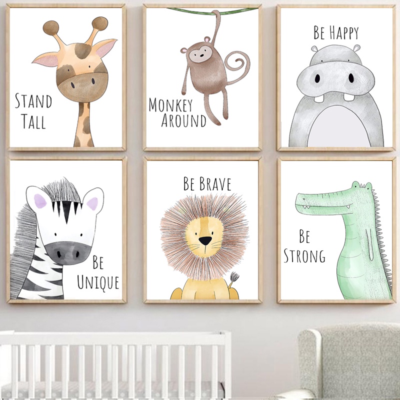 Cartoon Animal Nordic Posters Wall Pictures Lion Elephant Nursery Canvas Painting Wall Art Pictures for Baby Girls Room Decor