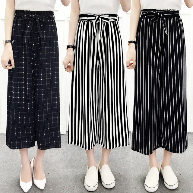 black pants with thin white stripes