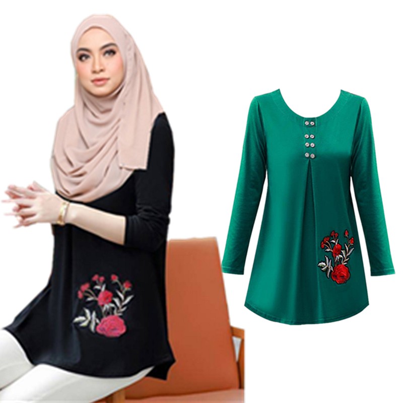 Muslimah Floral Embroidery Tunic Baju  Tunic Blouse  Labuh  