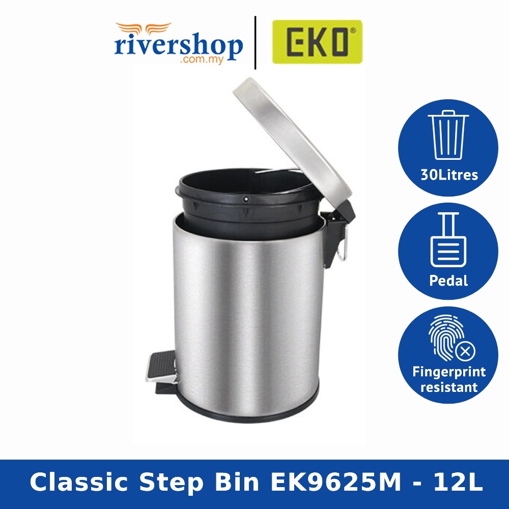 EKO Classic Step Bin EK9625M - 12L Stainless Steel Dustbin Rubbish Bin Trash Can Kitchen Bin Tong Sampah