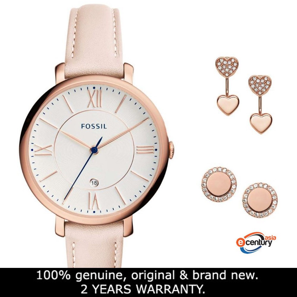 Fossil ES4202SET Women's Quartz Jacqueline Date Blush Pink Leather Strap Watch and Jewelry Box Set