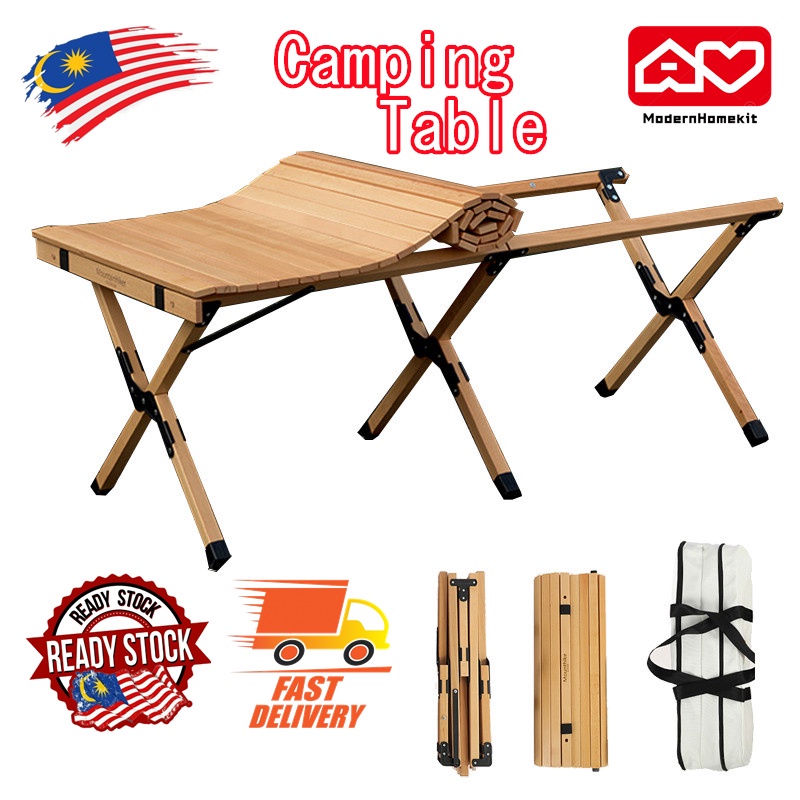 Solid Beech Wood Egg Roll Camping Table Portable Foldable Outdoor