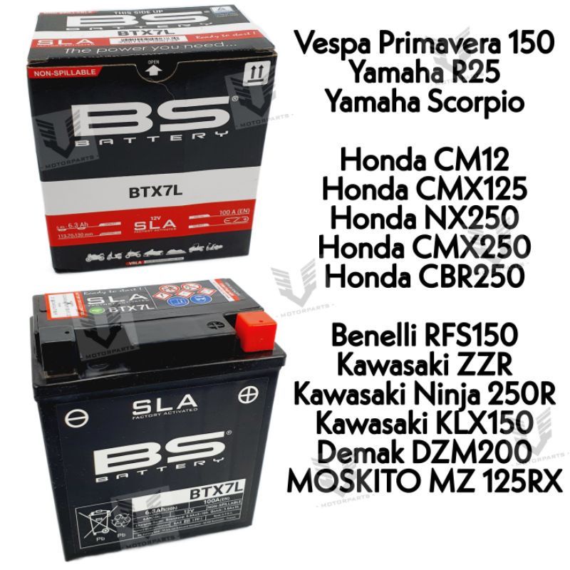 BS BATTERY BTX7L/YTX7L-BS SLA FACTORY ACTIVATED R25/SCORPIO/VESPA150/NX250/CBR250/RFS150/ZZR/KLX150/NINJA 250/DTM200