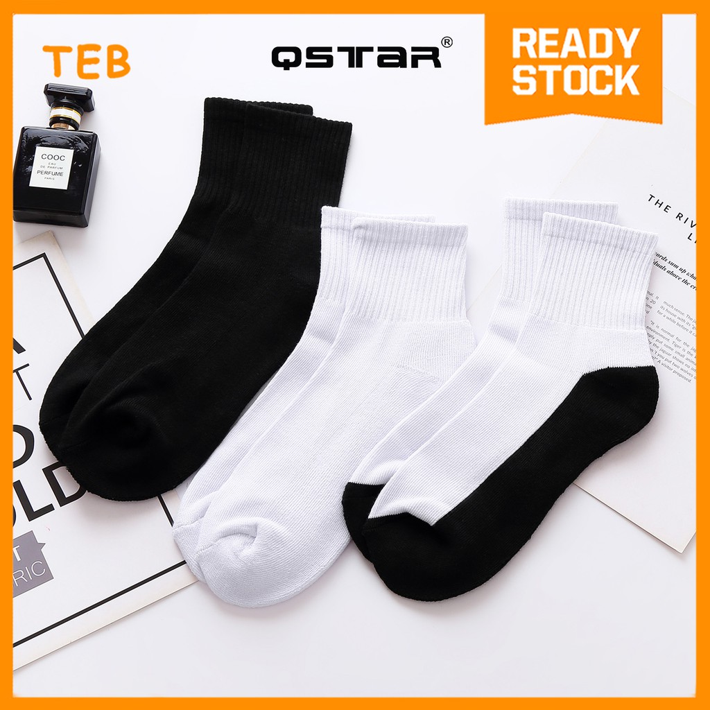 QSTAR Men's Crew Work Sport Socks Thick Half Terry Black White | Stokin Lelaki Tebal Sukan & Kerja Hitam Putih Panjang