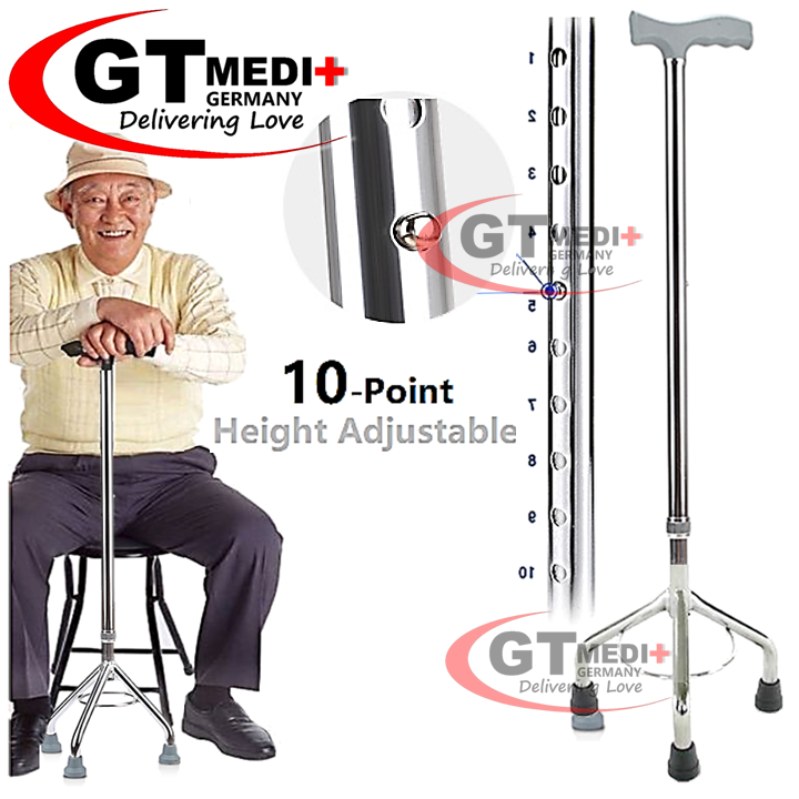 GT MEDIT GERMANY 10 Point Height Adjustable Tripod Base Cane Walker Foldable Crutch Walking Aid Mobility Stick / Tongkat