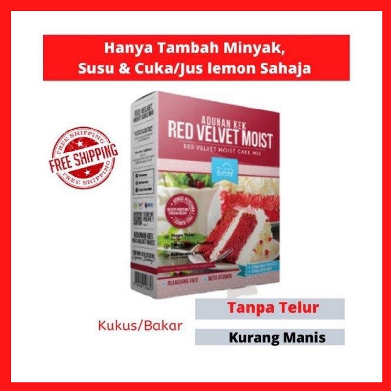 Tepung Kek Red Velvet Moist Tanpa Telur (500g) : Tambah minyak, susu & cuka/jus lemon sahaja