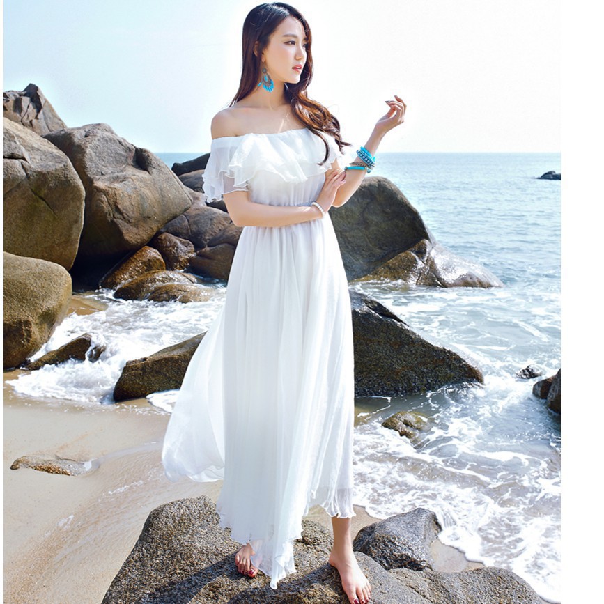Off Shoulder Beach Wedding White Dresses Long Party Prom Chiffon